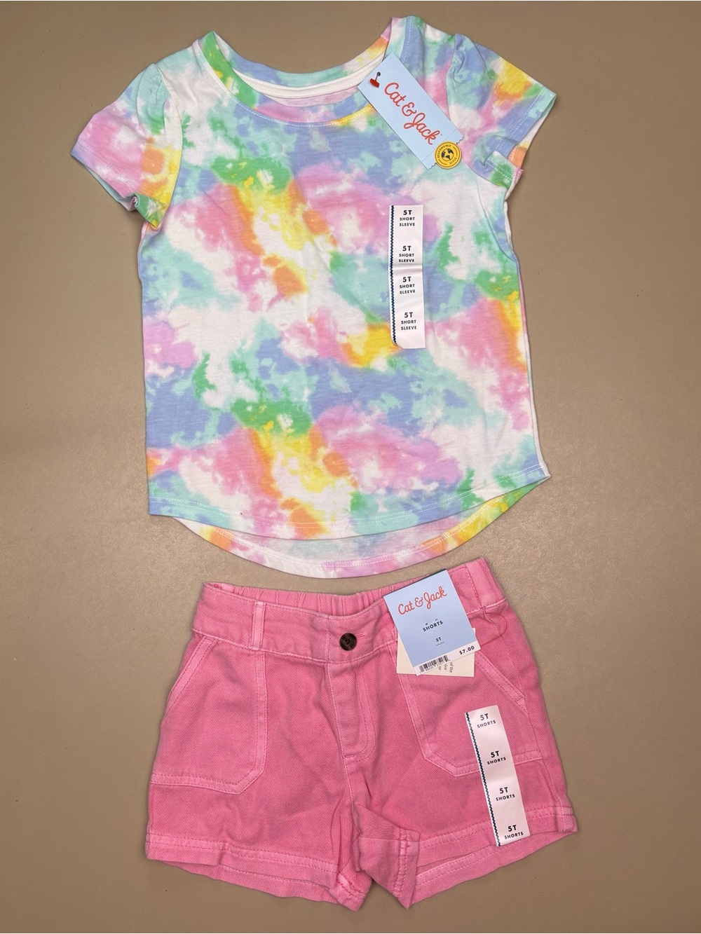Cat & Jack 2PC Tie Dye Tee Pink Shorts Set Girls 5T NWT Summer